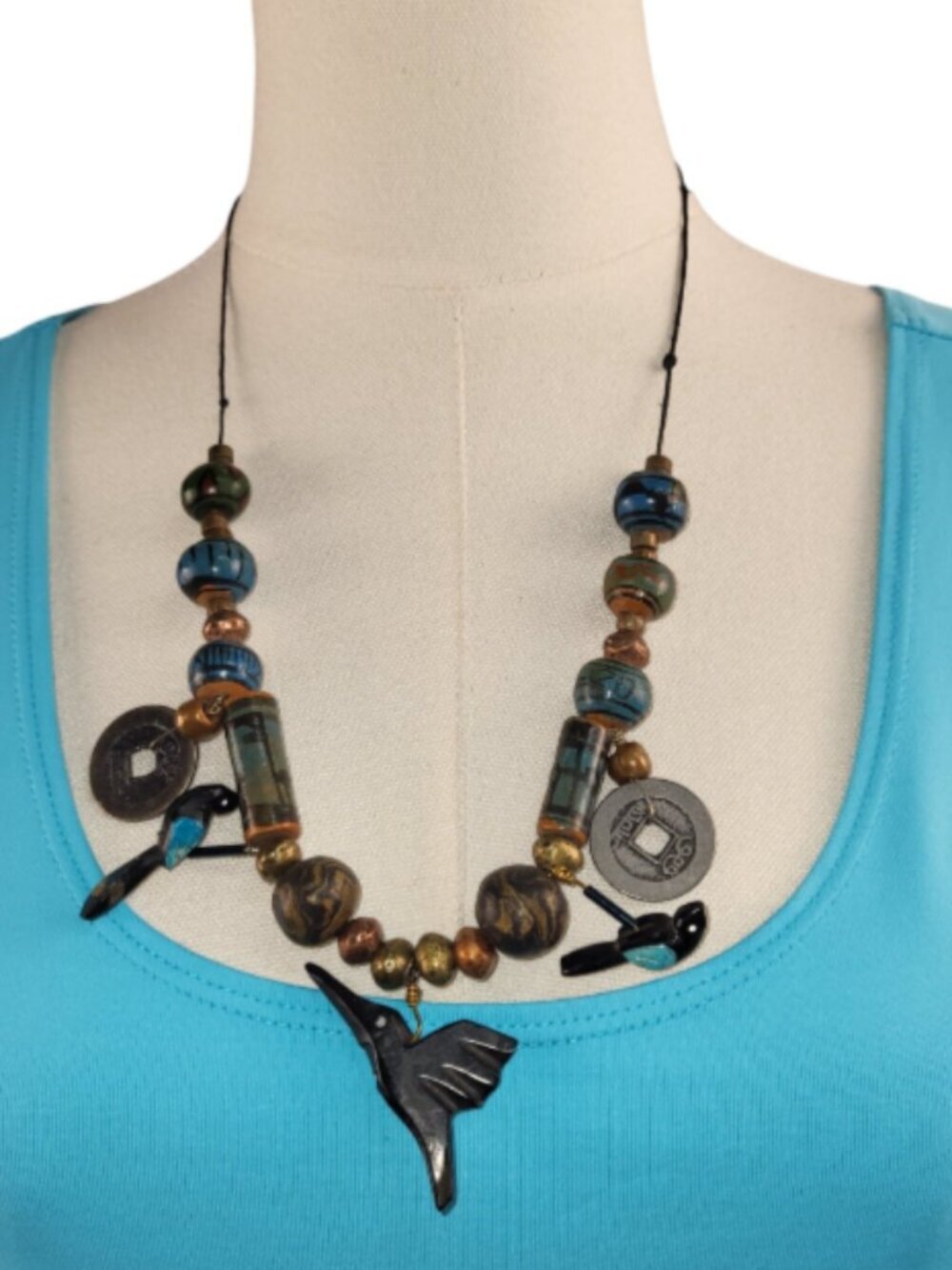 NEW Hummingbird Beaded Necklace Handmade in USA Blue Teal Copper 12 inch Drop